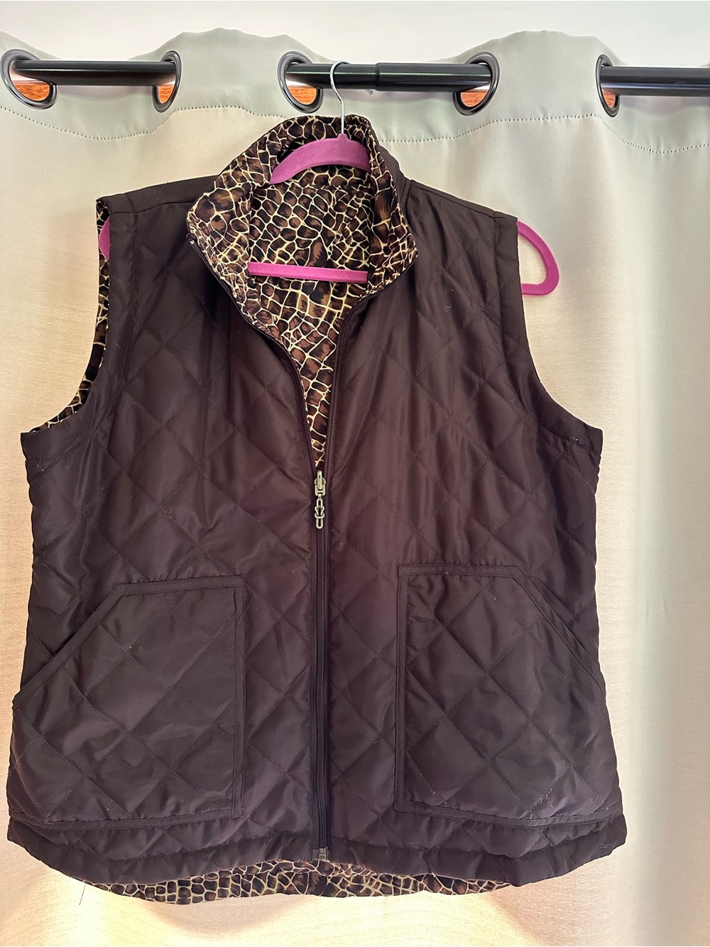 Reversible Quilted Vest with Animal Print Lining - Brown